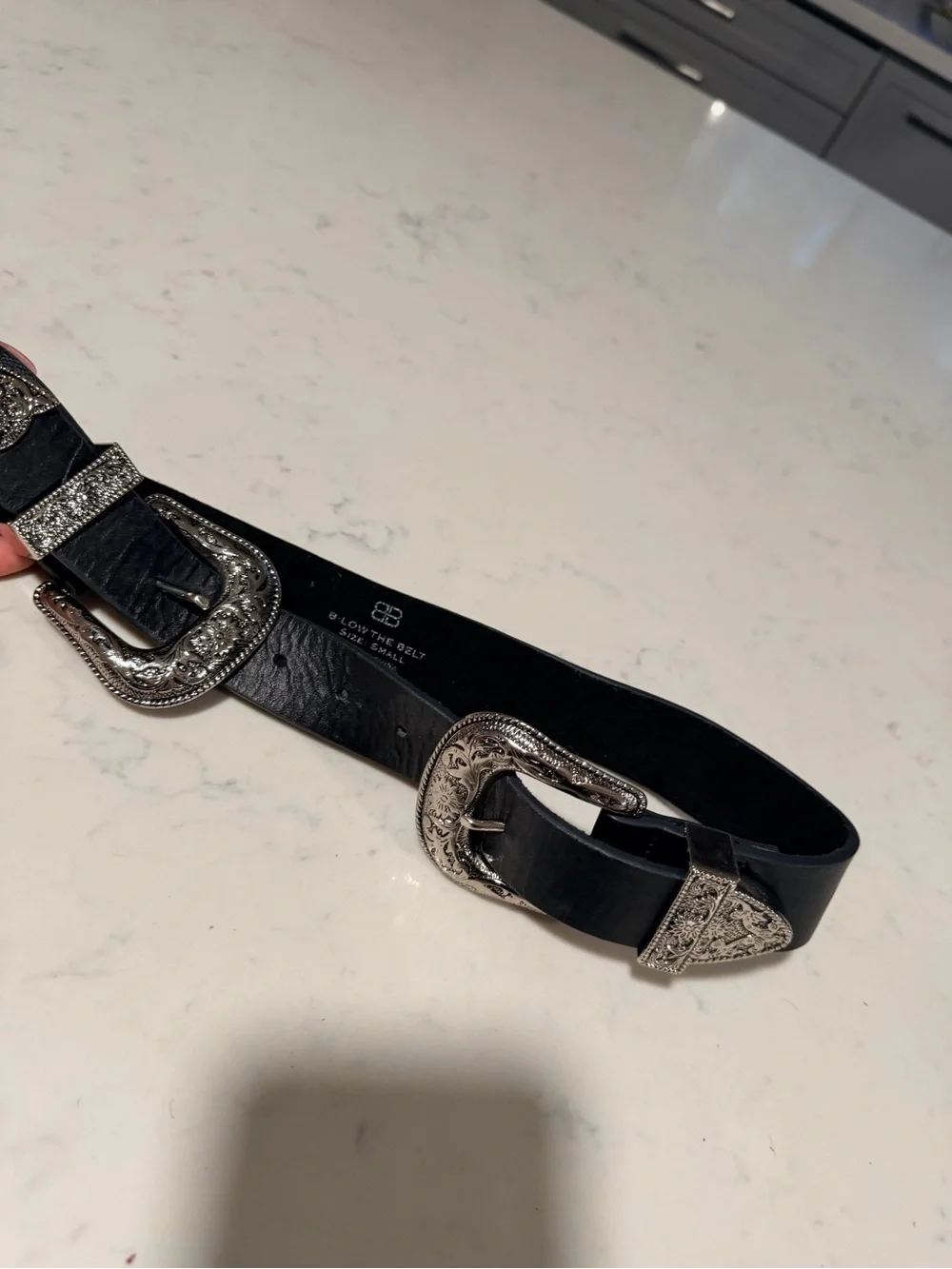 B-Low the Belt Black Double Western Buckle Belt with Silver Hardware